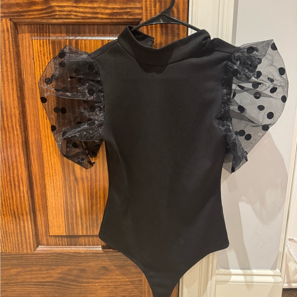 Elegant Black Bodysuit with Sheer Polka Dot Sleeves